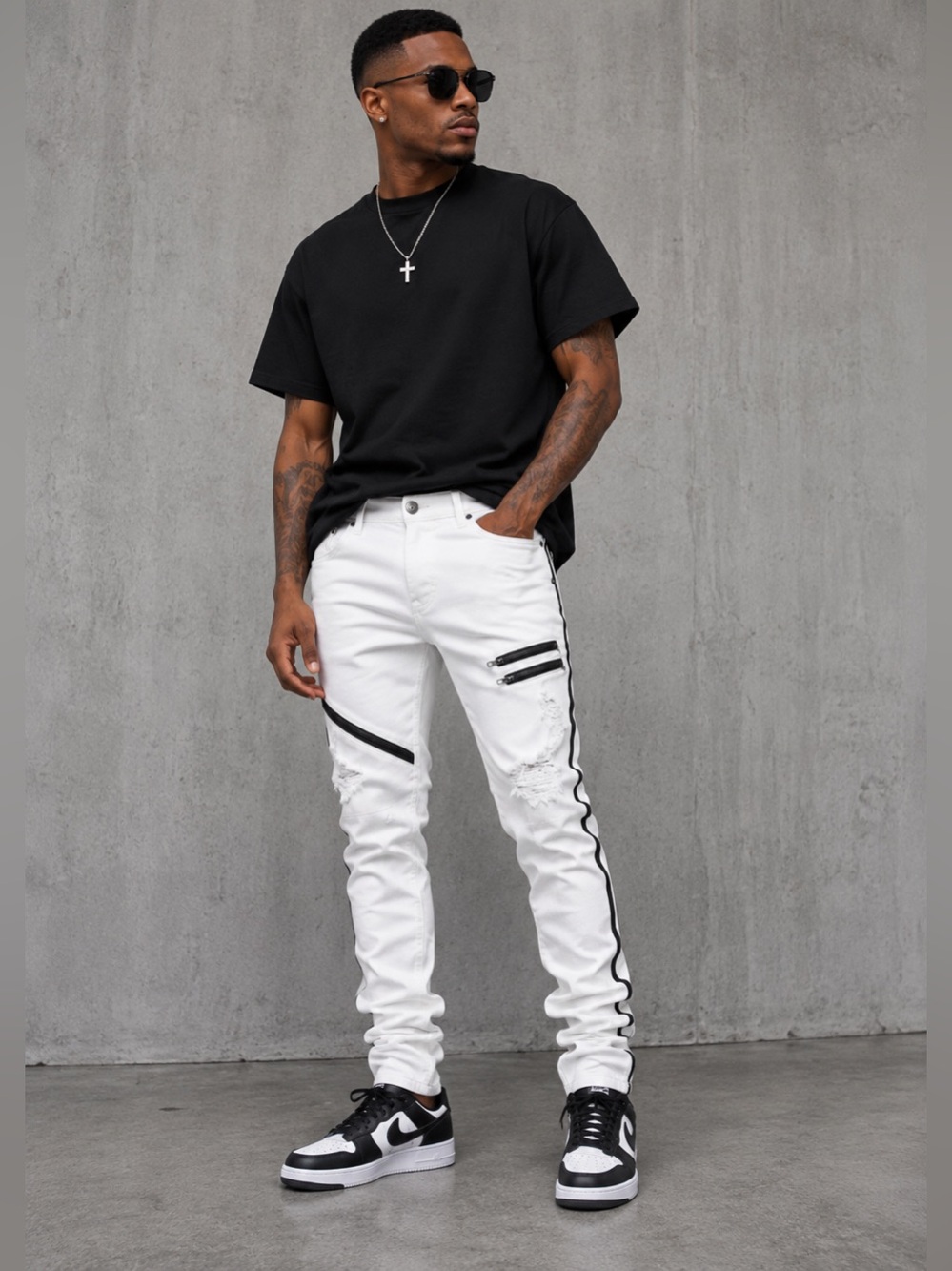Glitz Men's White Skinny Jeans with Black Stripe Accents